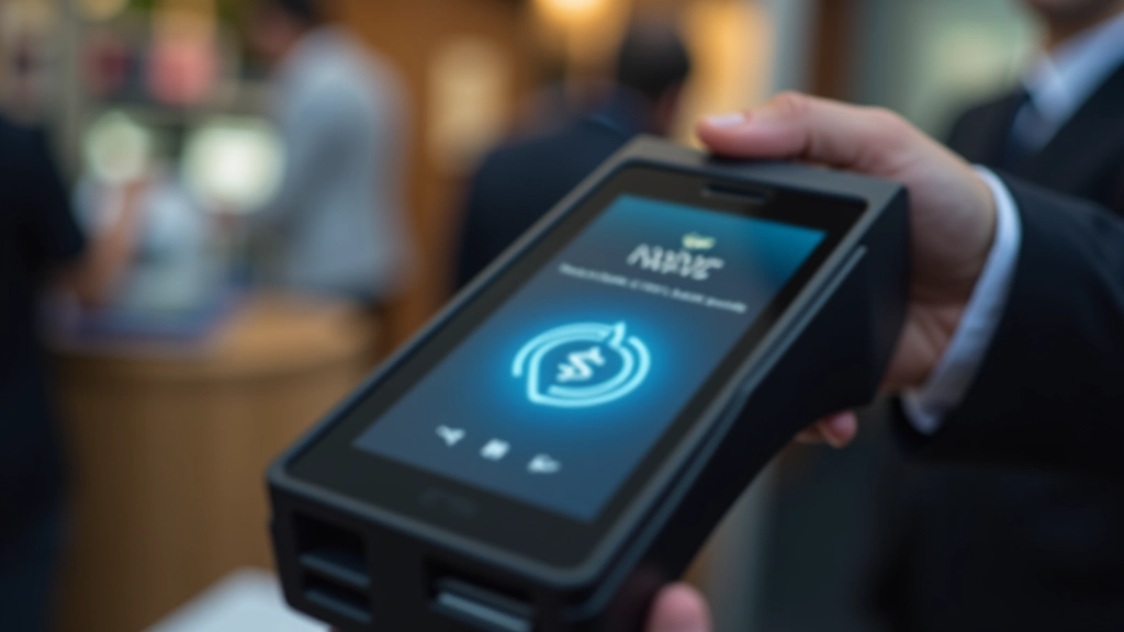 Close-up view of NFC payment terminal showing wireless signal waves, demonstrating how contactless payments are processed at checkout