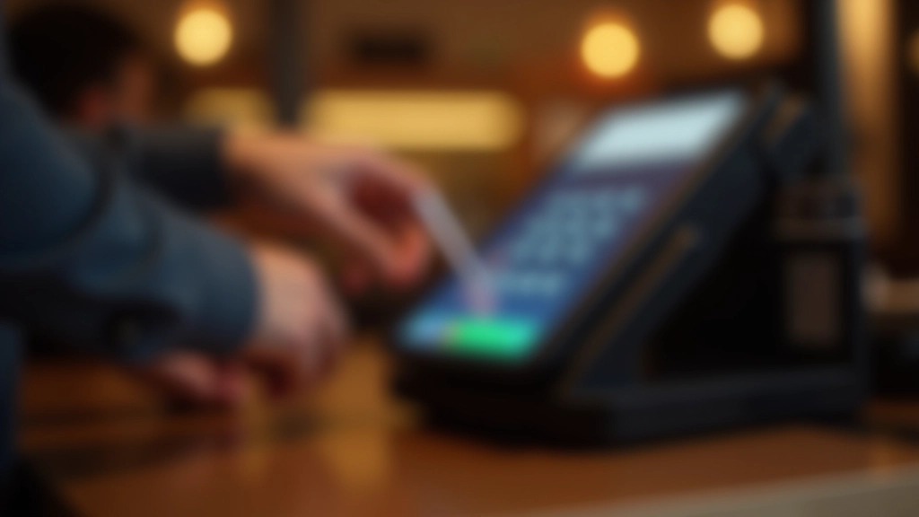 Modern point-of-sale terminal displaying contactless payment acceptance symbol, retail counter setting with warm lighting