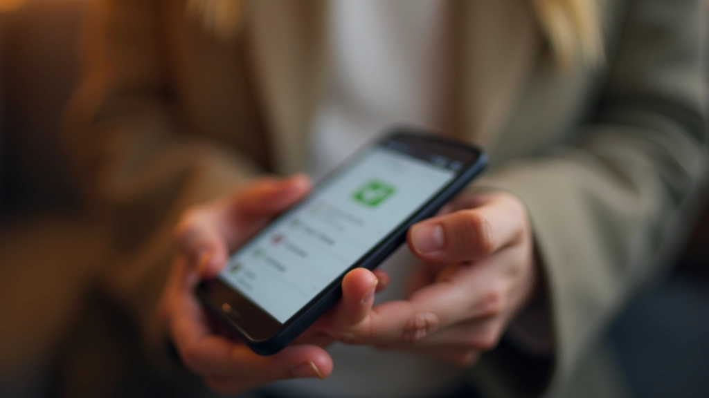 Person's hands holding smartphone displaying mobile banking application with payment interface